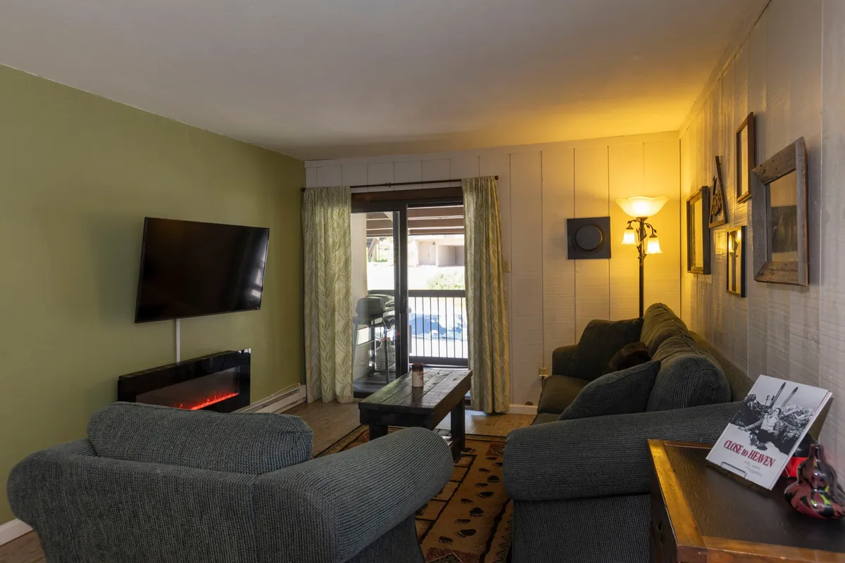 This image captures the inviting living area featuring a comfortable sofa arrangement, a coffee table perfect for board games or snacks, a television for evening movies, and stylish decorative elements. Soft curtains frame large windows that likely offer a glimpse of the mountain scenery beyond, enhancing the space's cozy, welcoming feel.