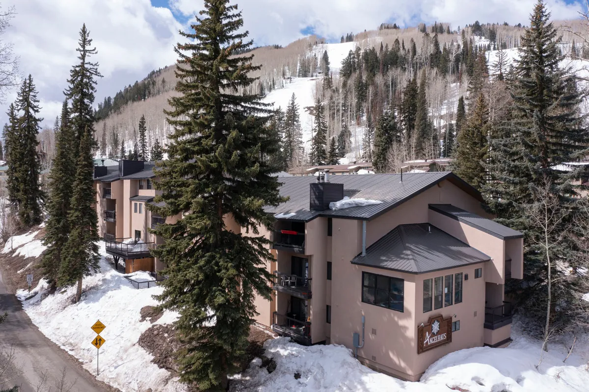 This image displays the exterior of the Angel Haus building nestled among tall trees, with the ground blanketed in snow. The scene highlights the building's proximity to nature and the slopes, and the tranquil winter environment is evident. The photo emphasizes easy access to ski lifts and hiking trails, with clear sightlines to the surrounding mountain landscape.
